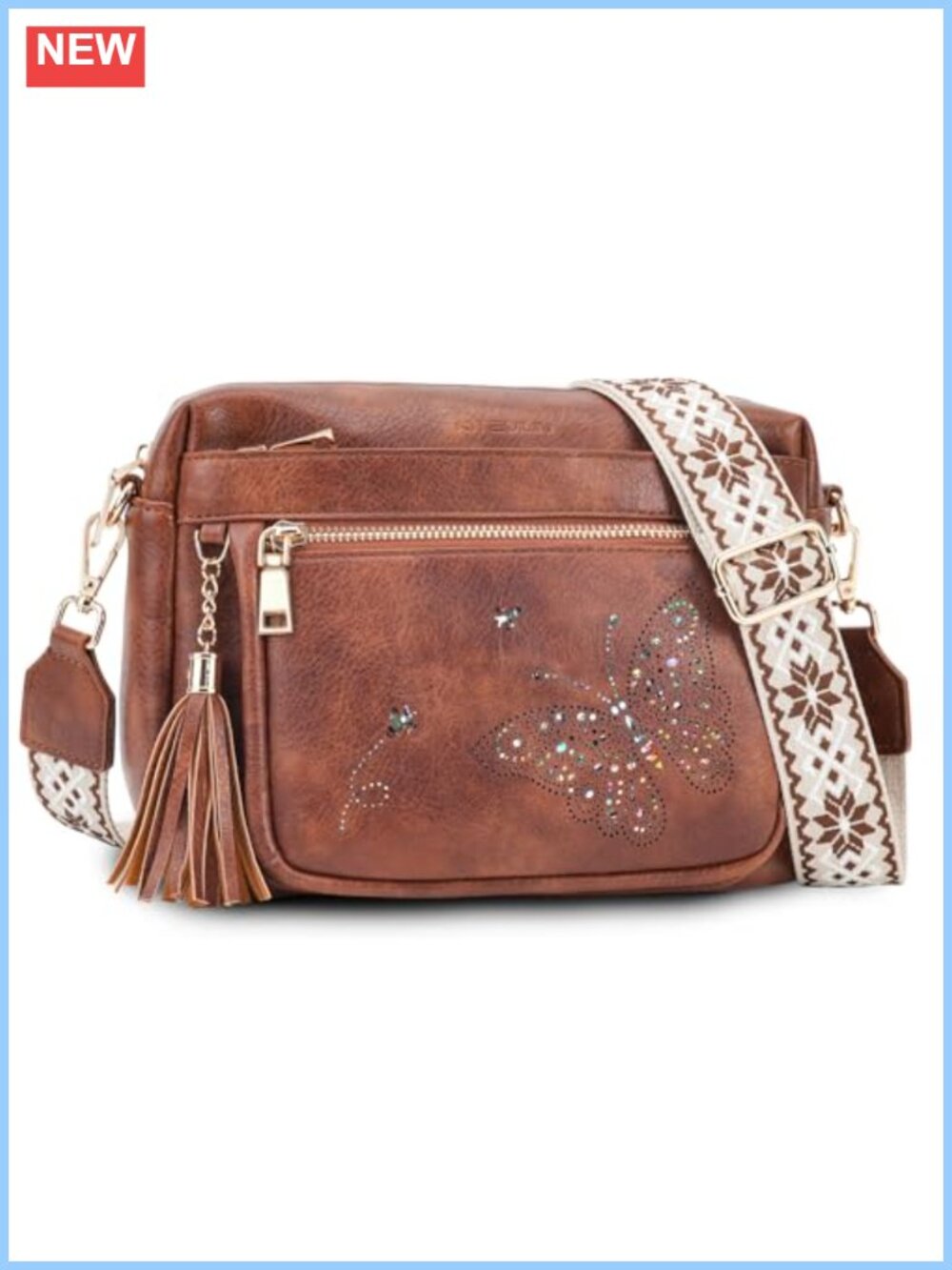 Butterfly Design PU Leather Crossbody Bag with Adjustable Strap & Tassel,